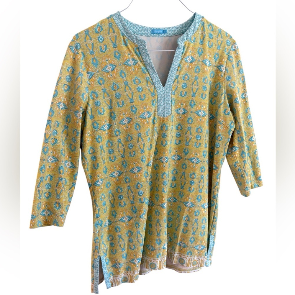 J. McLaughlin Yellow and Teal Printed Tunic